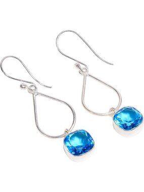 Swiss Blue Topaz Cushion Cut Natural Gemstone Dangle Earrings 10x10mm 925 Silver